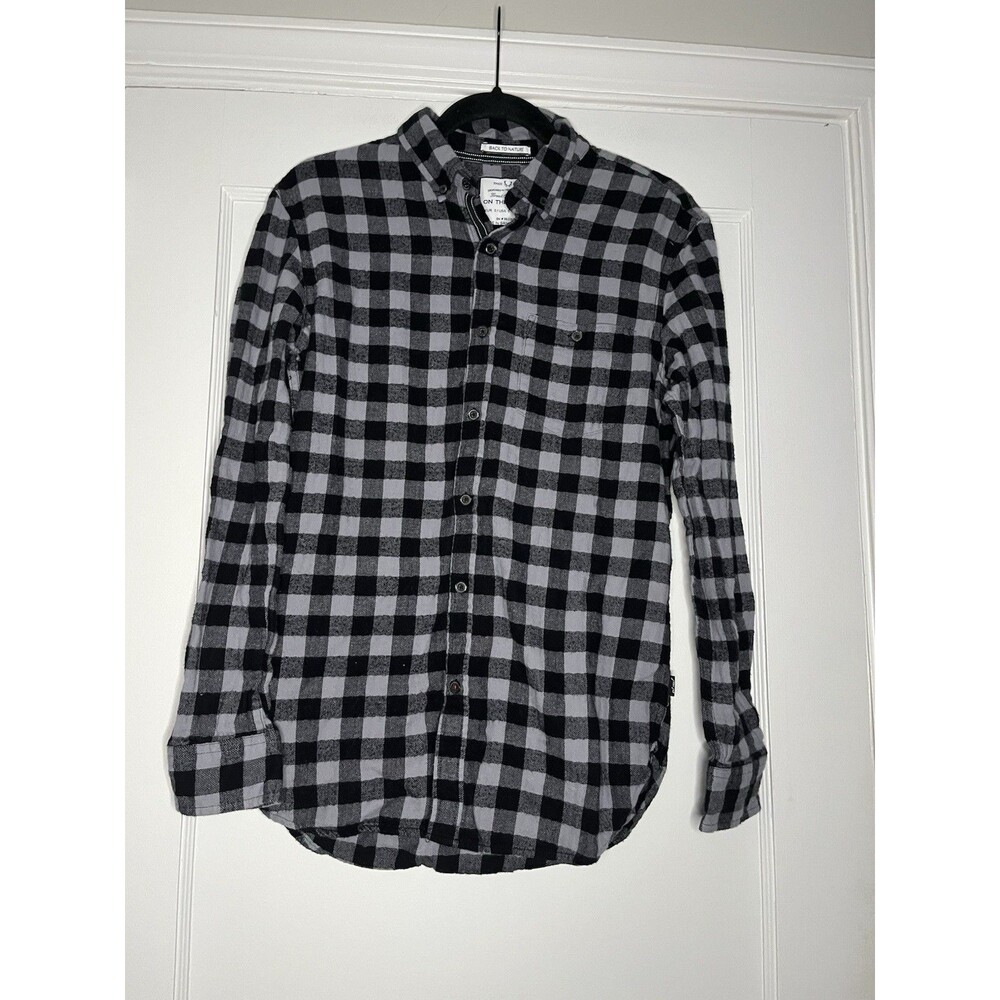 ON THE ROAD Cotton Plaid Flannel Slim Fit Shirt Black Gray Men's Small